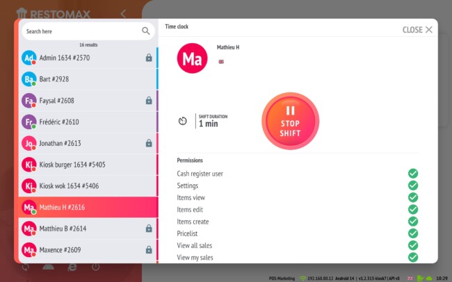 Fonction pointeuse utilisateur sur caisse enregistreuse Restomax